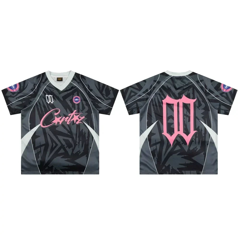 Corteiz Geometric Graphic Athletic Jersey T-Shirt - Black/Grey/Pink